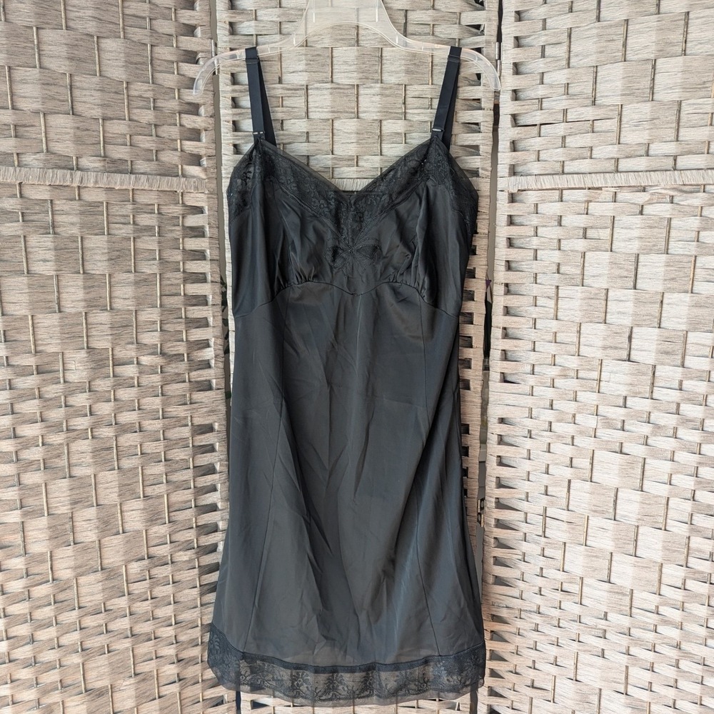 Vtg Slip Dress Black Lace Trim Embroidered Bow Lingerie Boudoir Made in the USA